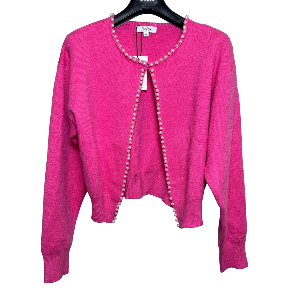 NWT Avara Hot Pink Pearl Trim Open Front Stretch Knit Cardigan Sweater Womens XS
